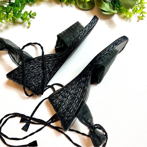 Stuart Weitzman Black Espadrilles Wedge Square Tow Lace Up Sandals - Picture 5 of 8